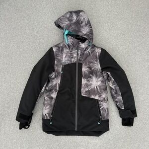 Obermeyer Ski Snow Jacket Teen Medium 10-12 Black Floral Hooded Soft Shell